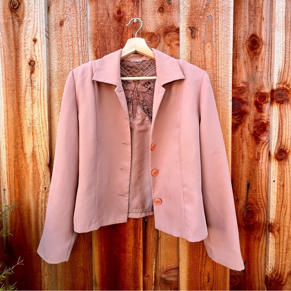 Vintage 90s Mauve Mesh Lace Butterly Back Copped Blazer Jacket 🌿 - Picture 6 of 15